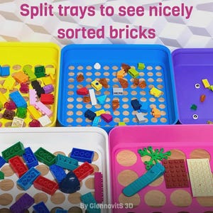May include: Image shows colorful plastic trays filled with assorted toy bricks. The trays are yellow, blue, purple, white, and pink. Text at the top reads "Split trays to see nicely sorted bricks."