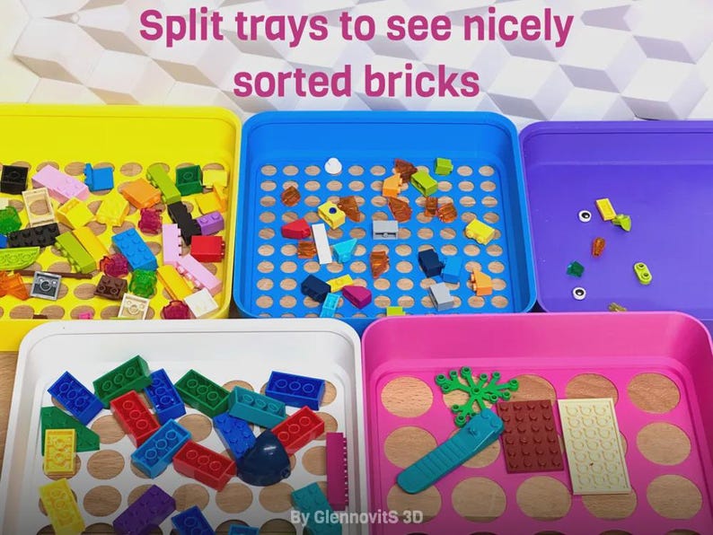 May include: Image shows colorful plastic trays filled with assorted toy bricks. The trays are yellow, blue, purple, white, and pink. Text at the top reads "Split trays to see nicely sorted bricks."