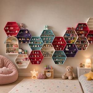 Peut inclure: Étagères hexagonales colorées fixées au mur, remplies de figurines et de jouets miniatures. Les étagères sont peintes en rouge, blanc, violet et bleu, créant un affichage ludique dans une chambre d'enfant.