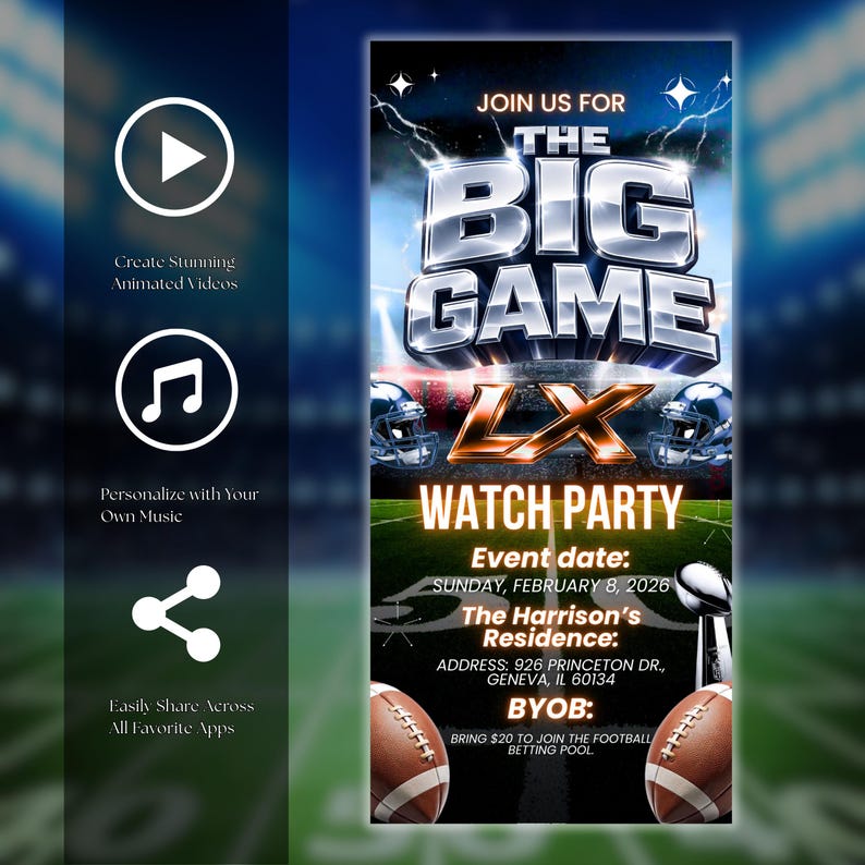 The Big Game Video Invitation, Football Digital Invitation, Party Digital Video Invitation, Animated Watch Party Evite, DIY in Canva
