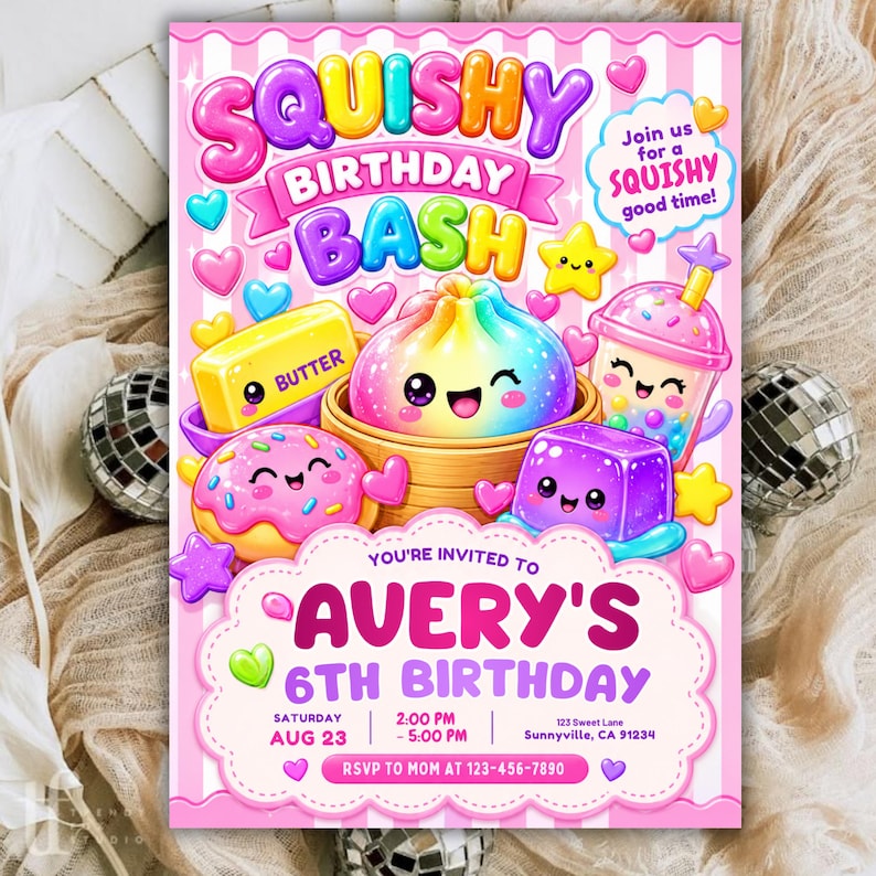 Squishy Birthday Invitation Template, Kawaii Glitter Sensory Party Invite, Girls Birthday Invitation, Cute Squishy Party, DIY in Canva