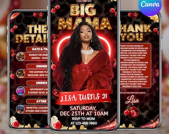 Invitación de cumpleaños de Big Mama, con estampado de guepardo y cerezas, para una noche de chicas, invitación para una cena glamurosa con bebidas, descarga digital, hazlo tú mismo en Canva.