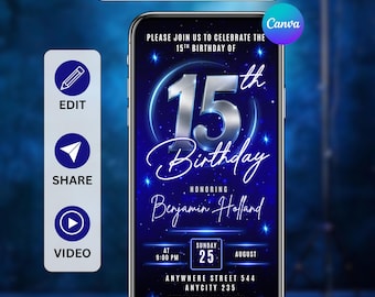Digital 15th Birthday Video Invitation Template | Editable Canva Animated Blue Chrome Party Invite for Boys | Fifteenth Birthday Evite