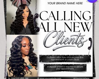 New Client Booking Flyer, Calling All New Clients, New Client Special Flyer, Makeup, Hair Stylist, Lash Tech, Nail Tech, MUA, DIY in Canva