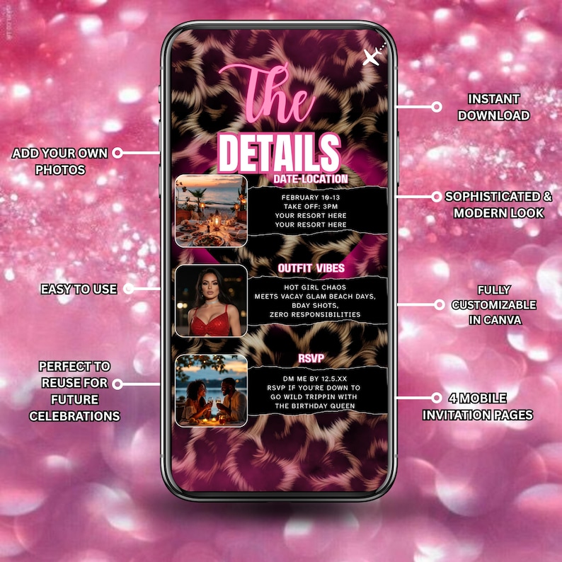 Aquarius Birthday Itinerary, Zodiac Girls Trip Itinerary, Digital Travel Schedule, Leopard Girls Getaway Weekend Planner, DIY in Canva