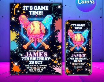 Baseball Ice Cream Drip Birthday Invitation, Baseball Drip Invitation, Ice Cream Drip Invitation, Baseball Ice Cream Neon Party,DIY in Canva