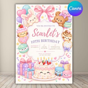 Jellycat Birthday Invitation Canva Template, Editable Plushie Party Invite for Girls, Stuffed Animal Cake Invite, Digital Download