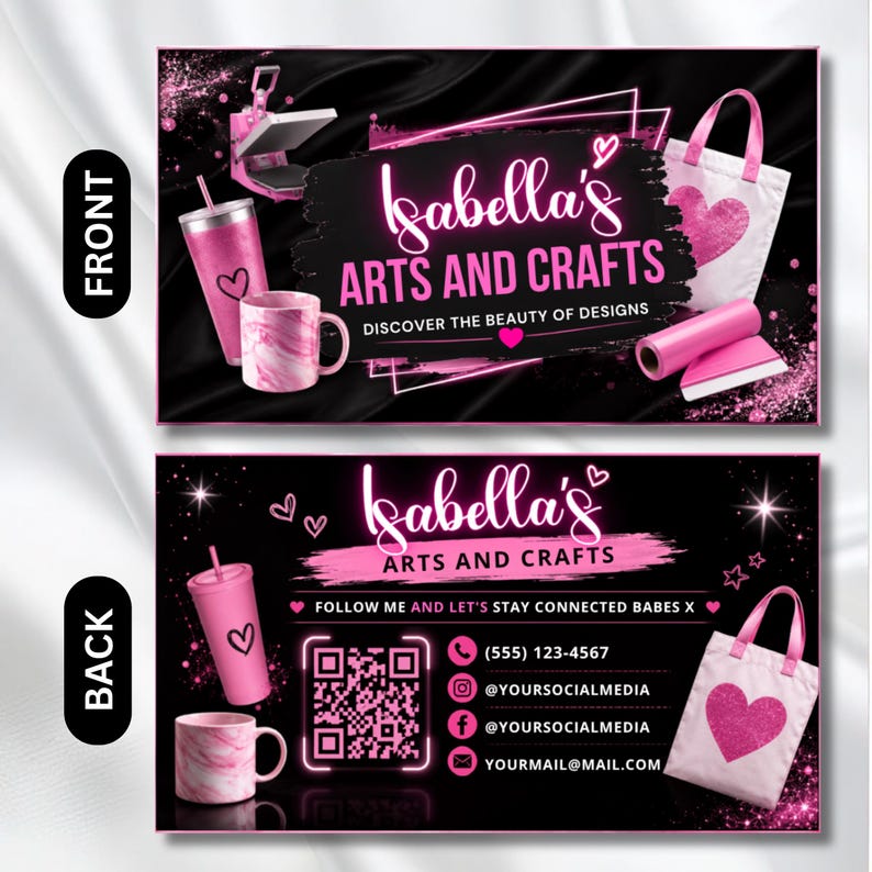 Pink Business Card Template Canva Editable, DIY Marketing Card, Small Business Branding, Craft Business Card, Premade Call Card