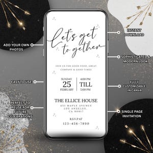 Let’s Get Together Invitation Mobile Template, Modern Minimalist Party Invite, Phone Evite, Digital Download, DIY in Canva
