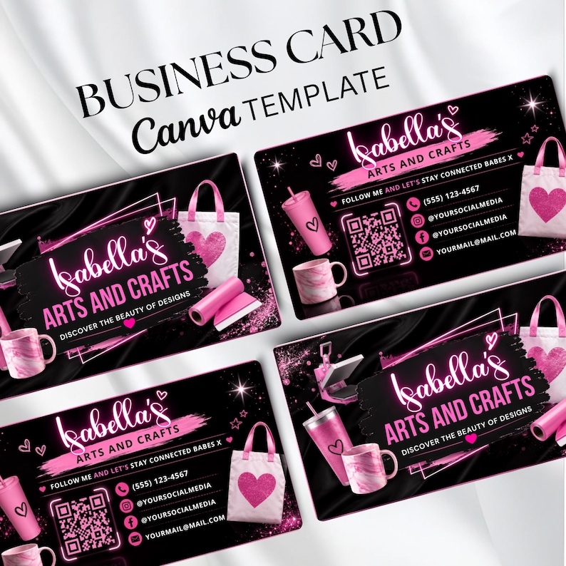 Pink Business Card Template Canva Editable, DIY Marketing Card, Small Business Branding, Craft Business Card, Premade Call Card