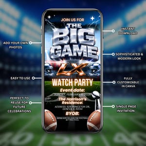 The Big Game Video Invitation, Football Digital Invitation, Party Digital Video Invitation, Animated Watch Party Evite, DIY in Canva