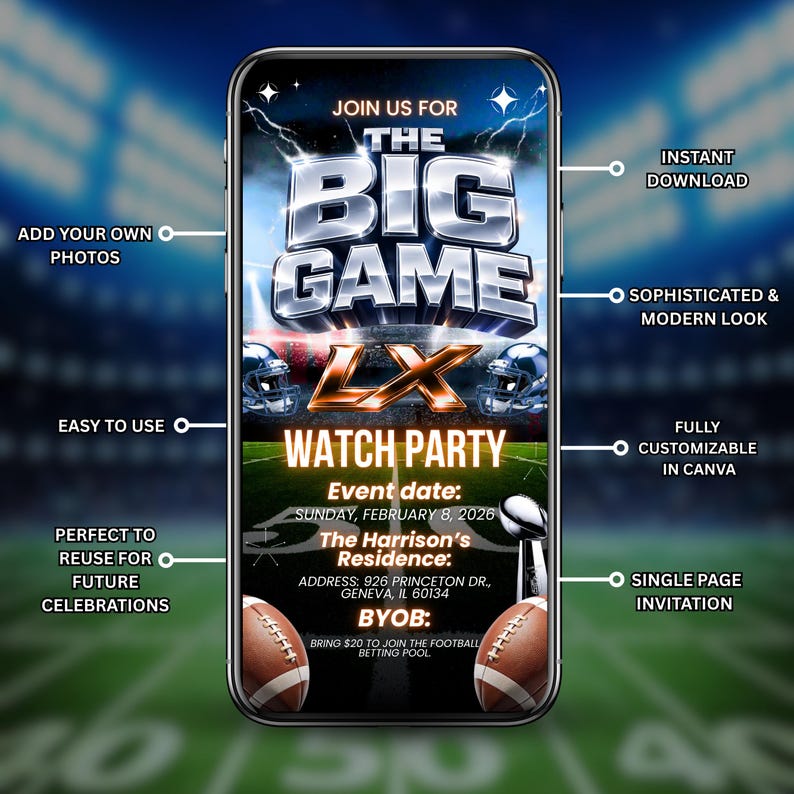 The Big Game Video Invitation, Football Digital Invitation, Party Digital Video Invitation, Animated Watch Party Evite, DIY in Canva