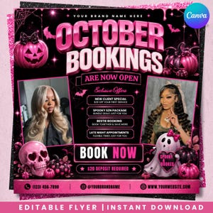 May include: A digital flyer for October bookings featuring pink and black Halloween themes, including pumpkins, a skull, and a ghost. The text reads October Bookings Are Now Open, Exclusive Offers, and Book Now, with placeholders for contact information.