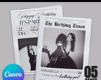 Plantilla de periódico de cumpleaños, plantilla de periódico de cumpleaños editable, plantilla de periódico grande, periódico de cumpleaños para fotografía, Canva editable