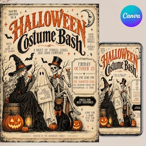 May include: A vintage-style Halloween party invitation flyer featuring a witch, a ghost holding a sign that reads Bad Costumes Still Welcome, a skeleton, and a black cat. The text reads Halloween Costume Bash, Friday October 25, and The Haunted Hall.