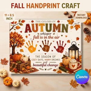 Op de afbeelding: Een 27,9 x 21,6 cm herfstachtig handafdruk-knutselbord met de tekst THE COLORS OF AUTUMN, whisper fall is in the air en THE SEASON OF COZY DAYS, WARM DRINKS and beautiful change. Bevat illustraties van handafdrukken, pompoenen en een lantaarn.
