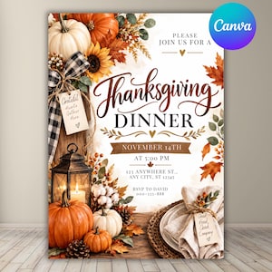May include: A Thanksgiving dinner invitation card featuring pumpkins, sunflowers, autumn leaves, a lantern, and a place setting. The text reads: Please join us for a Thanksgiving dinner, November 14th at 5:00 PM, 123 Anywhere St., Any City, ST 12345, RSVP to David 000-333-888.