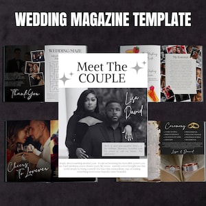 May include: A wedding magazine template with various layouts. The central spread features a couple with the text "Meet The Couple" and names "Lisa & David." Other pages include "Thank You," "Wedding Maze," and "Ceremony."