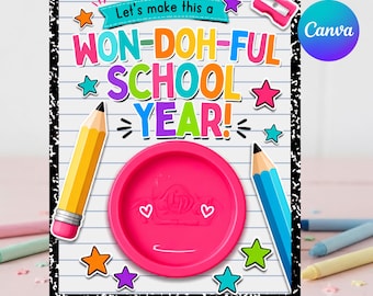 Won-Doh-ful School Year Play Dough Card Template | Editable Canva Back to School Gift | Printable Playdoh Holder | Teacher Gift