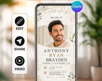 Digital Funeral Invitation Canva Template, Celebration Of Life Memorial Evite, Editable Funeral Invitation, Phone & Text Message Invite
