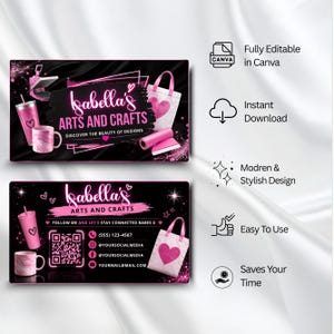 Pink Business Card Template Canva Editable, DIY Marketing Card, Small Business Branding, Craft Business Card, Premade Call Card