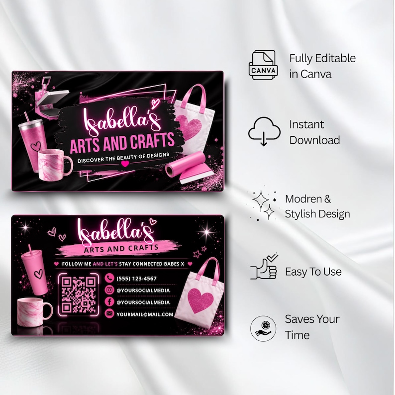 Pink Business Card Template Canva Editable, DIY Marketing Card, Small Business Branding, Craft Business Card, Premade Call Card
