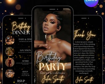 Luxury Black and Gold Birthday Party Invitation, Birthday Video Template Invite, Women’s Birthday Party Dinner Digital Evite, DIY in Canva