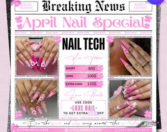 April Nail Special Flyer, Lucky Charm Nail Flyer, Nail Bookings, Nail pricelist, Nail Tech, Nail Special Deals, Nail Sale, Nail Flyer, Canva