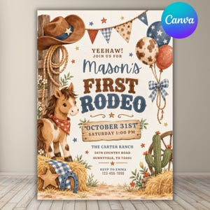 First Rodeo Birthday Invitation Canva Template, Cowboy 1st Birthday Invite for Boys, Western Rustic Party, Editable Digital Download