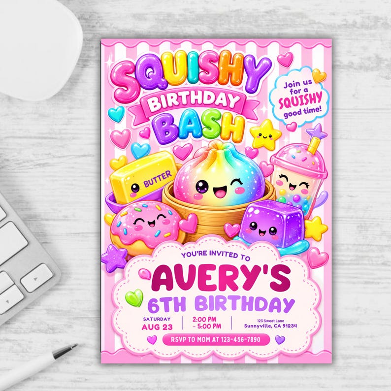 Squishy Birthday Invitation Template, Kawaii Glitter Sensory Party Invite, Girls Birthday Invitation, Cute Squishy Party, DIY in Canva