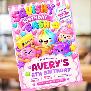 Squishy Birthday Invitation Template, Kawaii Glitter Sensory Party Invite, Girls Birthday Invitation, Cute Squishy Party, DIY in Canva