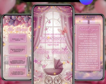 Pink Butterfly Theme Baby Shower Invitation, Animated Digital Template, Baby Girl Video Evite, Party Digital Video Invitation, DIY in Canva