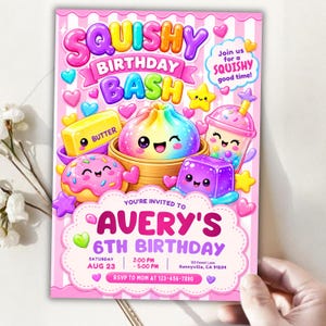 Squishy Birthday Invitation Template, Kawaii Glitter Sensory Party Invite, Girls Birthday Invitation, Cute Squishy Party, DIY in Canva