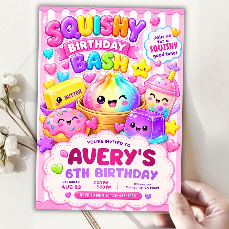 Squishy Birthday Invitation Template, Kawaii Glitter Sensory Party Invite, Girls Birthday Invitation, Cute Squishy Party, DIY in Canva