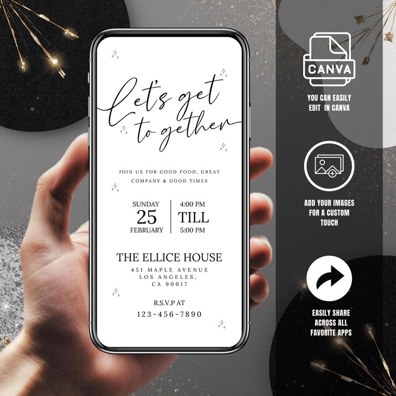 Let’s Get Together Invitation Mobile Template, Modern Minimalist Party Invite, Phone Evite, Digital Download, DIY in Canva