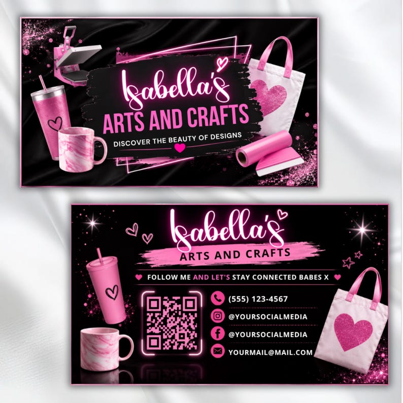 Pink Business Card Template Canva Editable, DIY Marketing Card, Small Business Branding, Craft Business Card, Premade Call Card