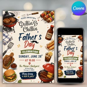 May include: A Father's Day invitation with the text "Grillin' & Chillin'" and "Father's Day Celebration". The image includes illustrations of BBQ food, a grill, and a smartphone displaying the same invitation.