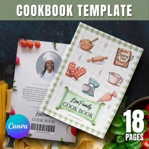 May include: A cookbook template with the text "COOKBOOK TEMPLATE" at the top. The open book shows a chef and illustrations of baking tools. The cover reads "Lisa Family COOK BOOK" and "18 PAGES".