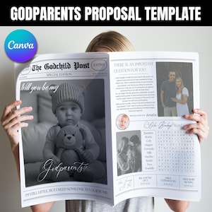 Godparents proposal newspaper template, Printable Godparents gift, Unique Godparents Newspaper Announcement, Godparents, Canva Editable