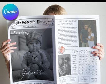 Godparents proposal newspaper template, Printable Godparents gift, Unique Godparents Newspaper Announcement, Godparents, Canva Editable