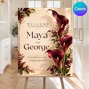 Burgundy Calla Lily Wedding Welcome Sign Canva Template, Elegant Floral Wedding Poster, Editable Bridal Welcome Board, Printable Decor