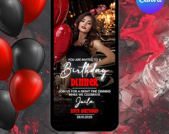 Birthday Dinner Invitation, Birthday Party Invitation, Black and Red Birthday Theme, Animated Birthday Dinner Text Evite, DIY in Canva