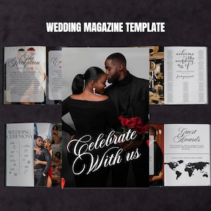 Può includere: Un modello di rivista di matrimonio con sfondo nero. L'immagine centrale mostra una coppia che si abbraccia, con il testo "Celebrate With Us". Altre pagine includono "The Reception", "Wedding Ceremony" e "Guest Awards".