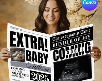 New Baby Announcement Newspaper, Baby On the Way Pregnancy Reveal, Newspaper baby shower, baby newspaper, Baby Arrival Sign, Canva Editable