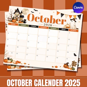 Può includere: Una pagina di calendario mensile per ottobre 2026 a tema Halloween, con illustrazioni di una casa stregata, un gatto nero, un fantasma con cappello da strega, zucche e foglie autunnali. La griglia mostra i giorni della settimana e le date.