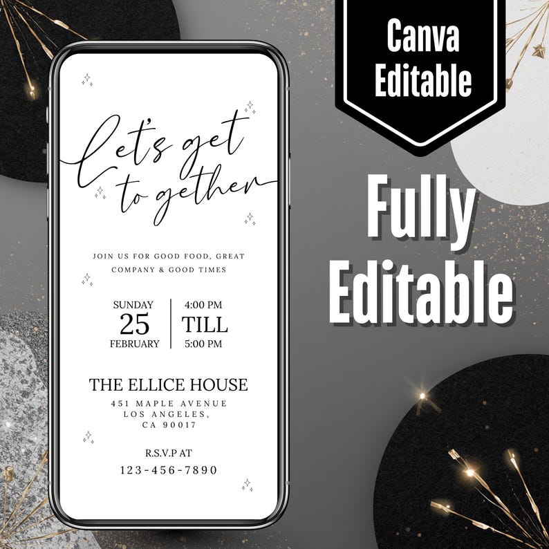 Let’s Get Together Invitation Mobile Template, Modern Minimalist Party Invite, Phone Evite, Digital Download, DIY in Canva