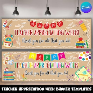 Pode incluir: Duas faixas castanhas com o texto "Teacher Appreciation Week!" e "thank you for all that you do!". As faixas apresentam ilustrações de maçãs, lápis, livros e material escolar. O texto "Teacher Appreciation Week Banner Templates" está na parte inferior.