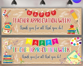 May include: Two brown banners with the text "Teacher Appreciation Week!" and "thank you for all that you do!" are displayed. The banners have illustrations of apples, pencils, books, and school supplies. The text "Teacher Appreciation Week Banner Templates" is at the bottom.