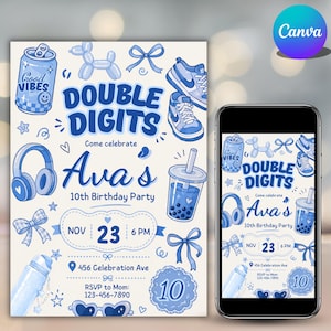 Könnte beinhalten: Eine blau-weiße Geburtstagseinladung mit dem Text "Double Digits" und "Ava's 10th Birthday Party." Das Design umfasst Illustrationen von Turnschuhen, Kopfhörern und einem Boba-Getränk. Das Datum ist der 23. November um 18 Uhr.
