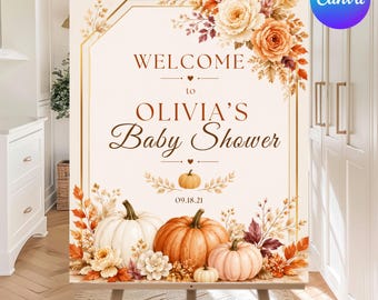 Fall in Love Welcome Sign Canva Template, Autumn Baby Shower Welcome Poster, Fall Pumpkin Baby Shower Decor, Editable Sign, Instant Download